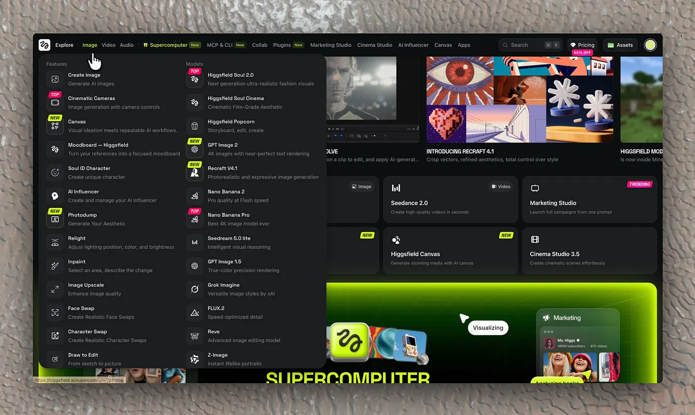 Dashboard de Higgsfield repleto de modos y herramientas