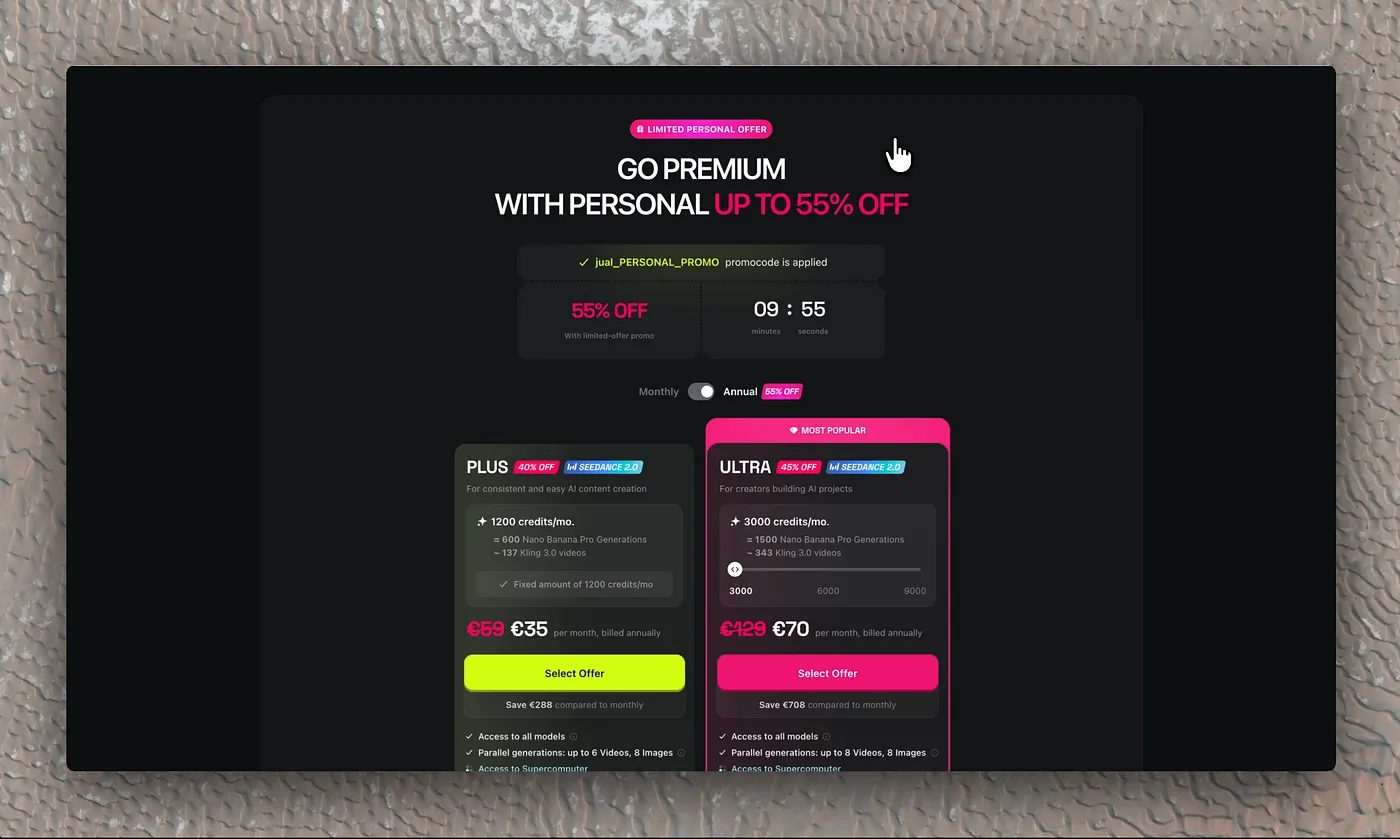 Pantalla de precios tras cerrar el modal, con el descuento pre-aplicado