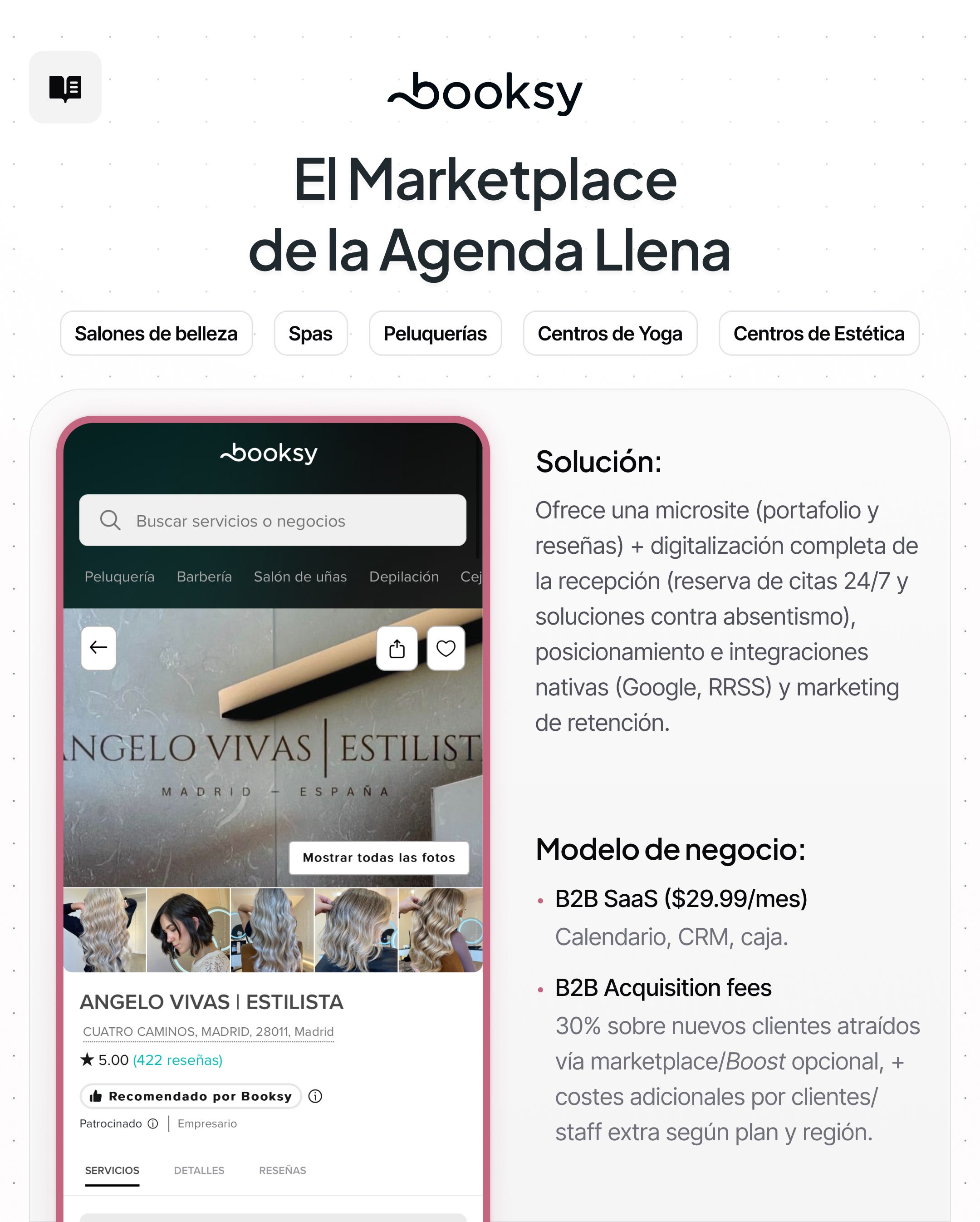 Ficha técnica de Booksy y ejemplo de su link-in-bio