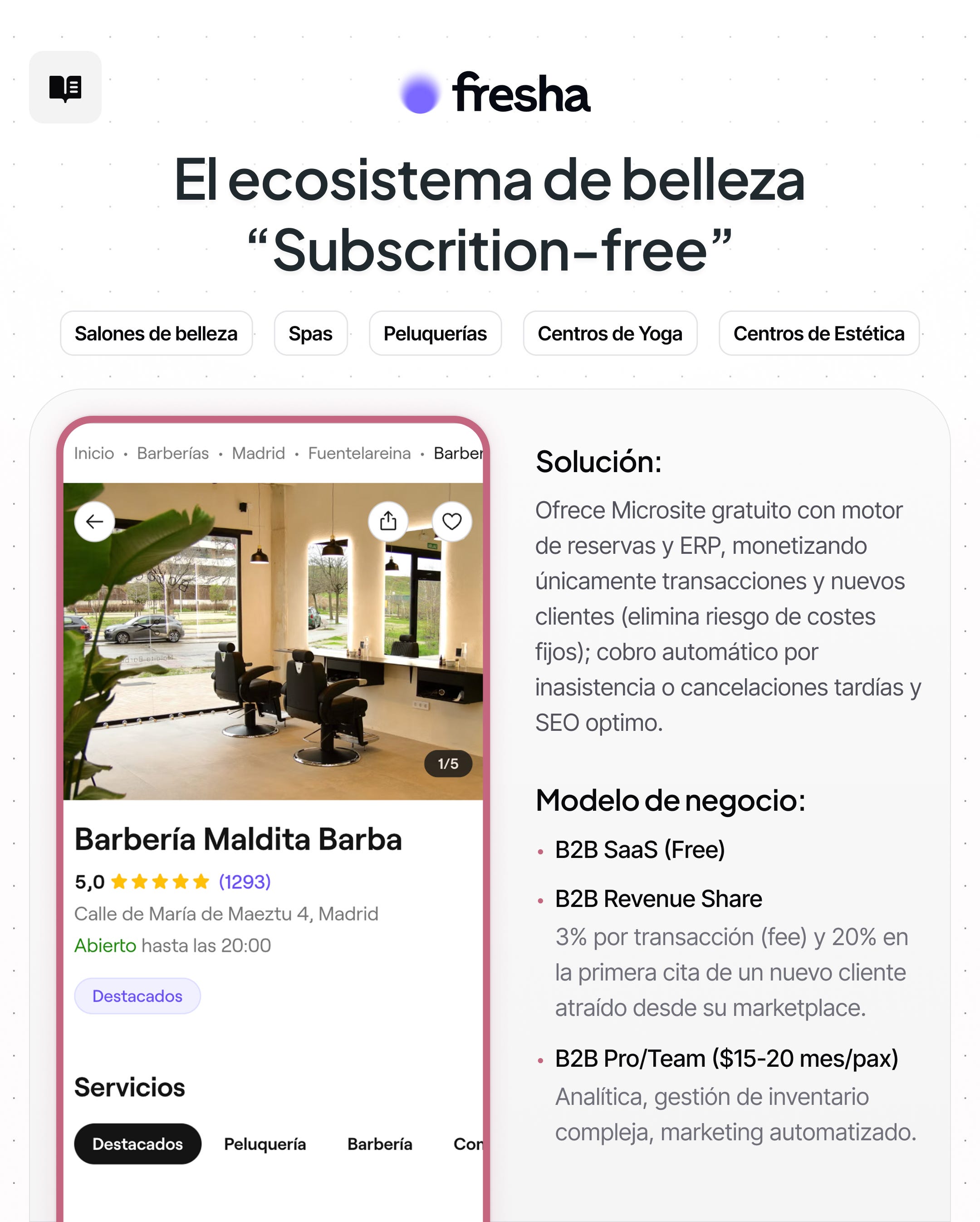 Ficha técnica de Fresha y ejemplo de su link-in-bio