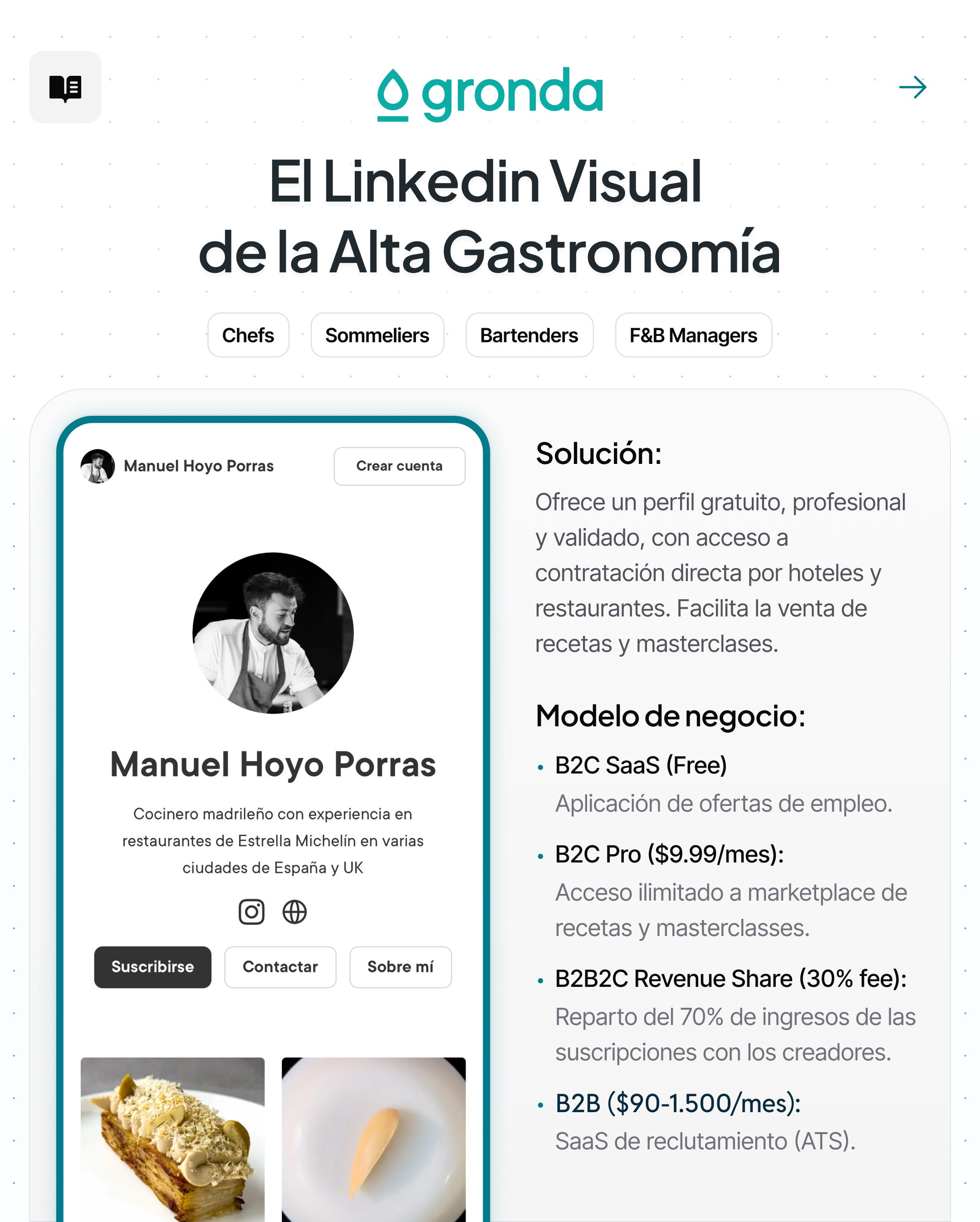Ficha técnica de Gronda y ejemplo de su link-in-bio