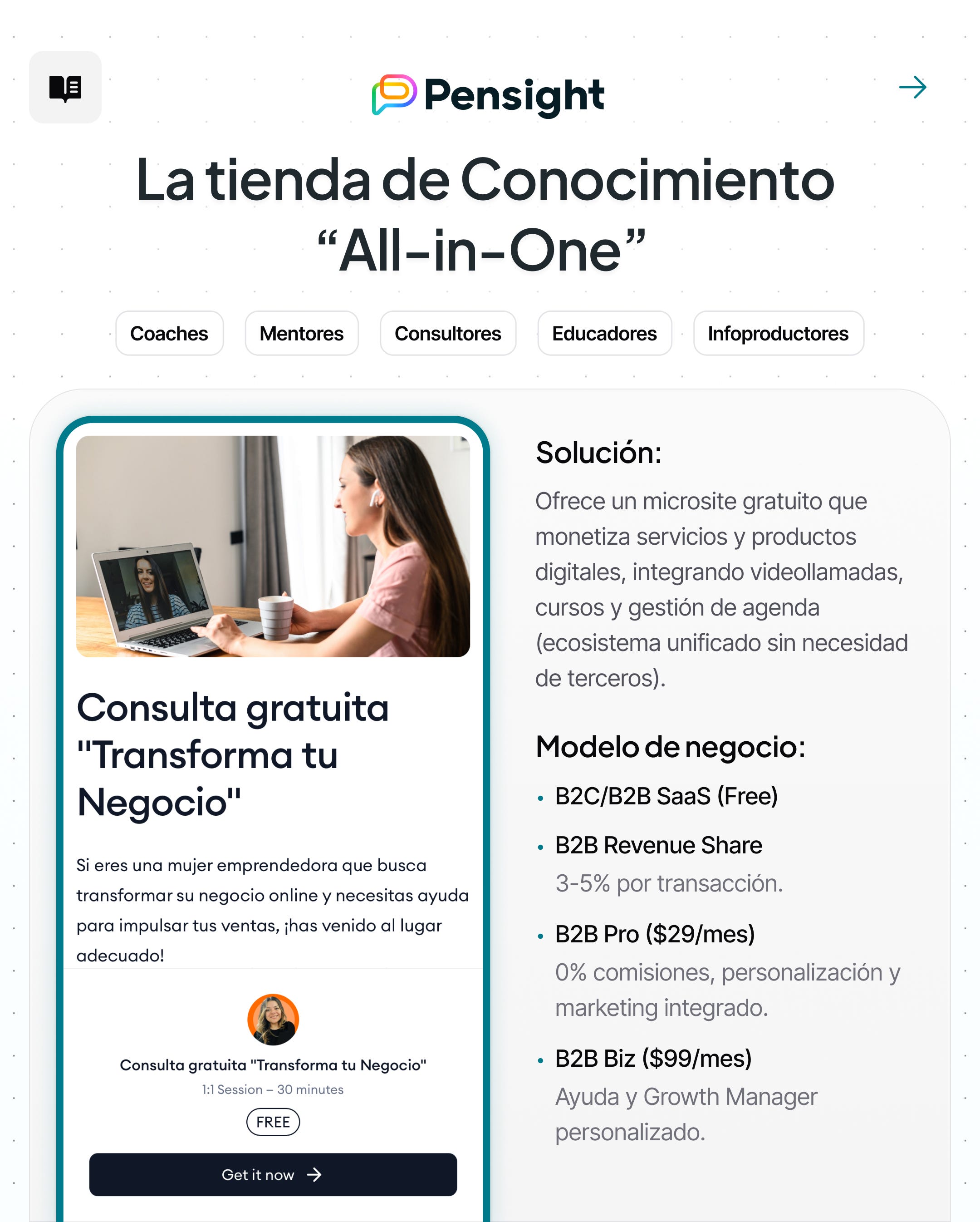 Ficha técnica de Pensight y ejemplo de su link-in-bio