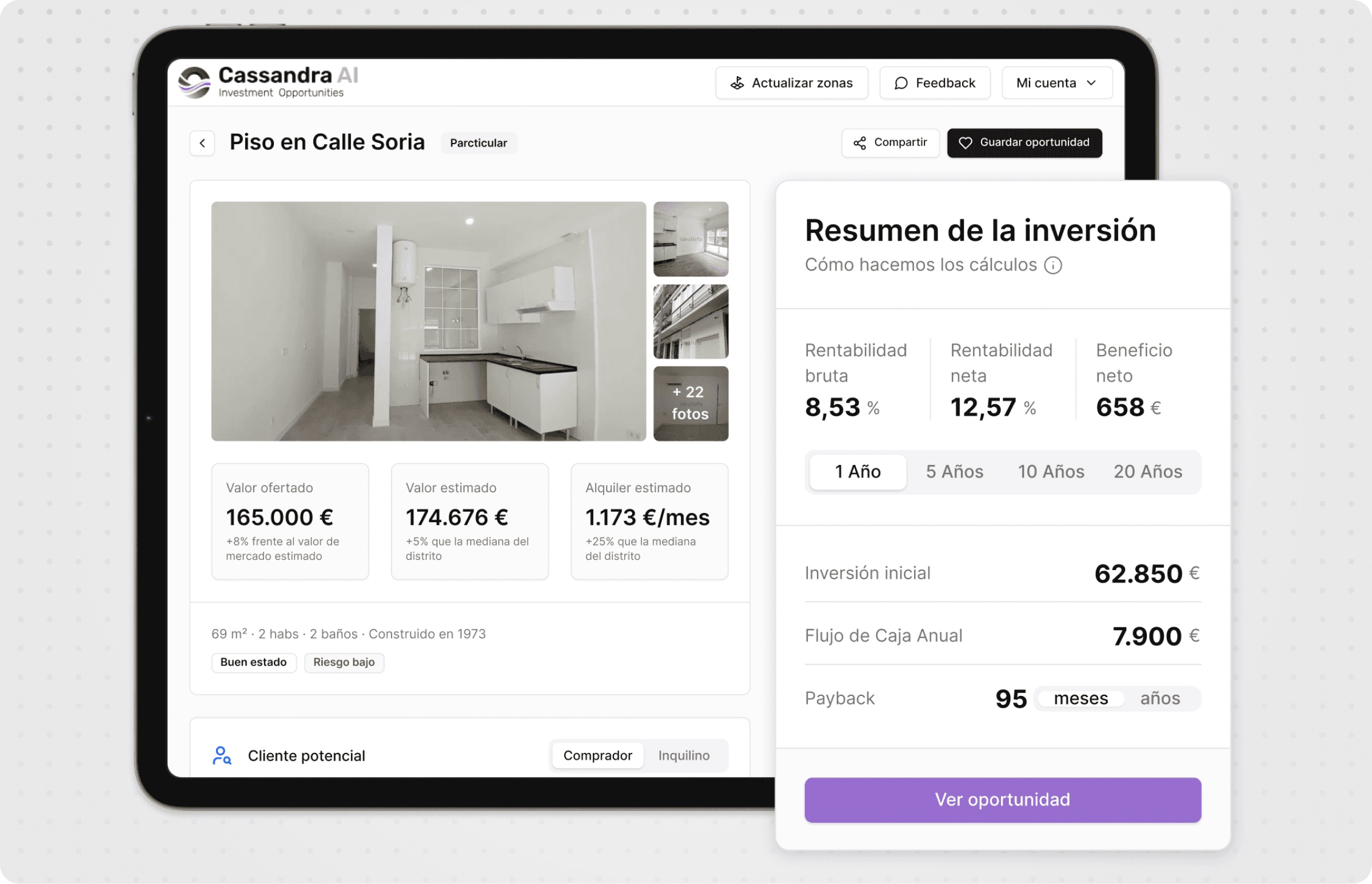 La ficha de oportunidad de Cassandra AI con el resumen de inversión