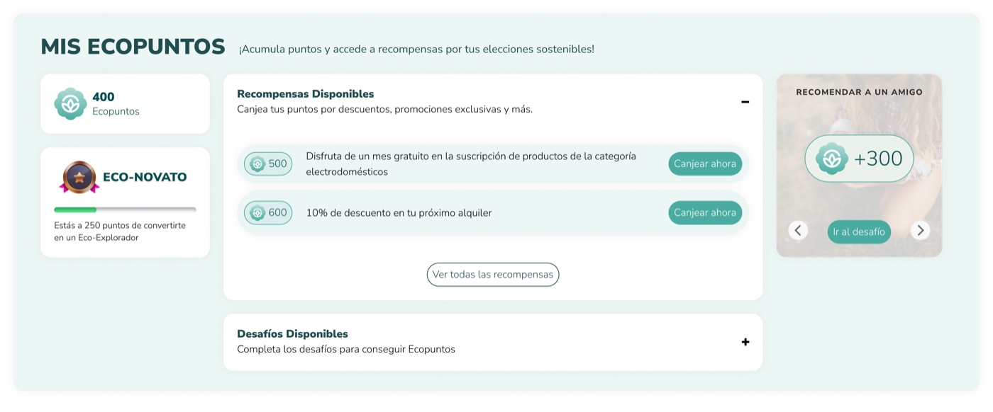 Pantalla Mis Ecopuntos con las recompensas canjeables